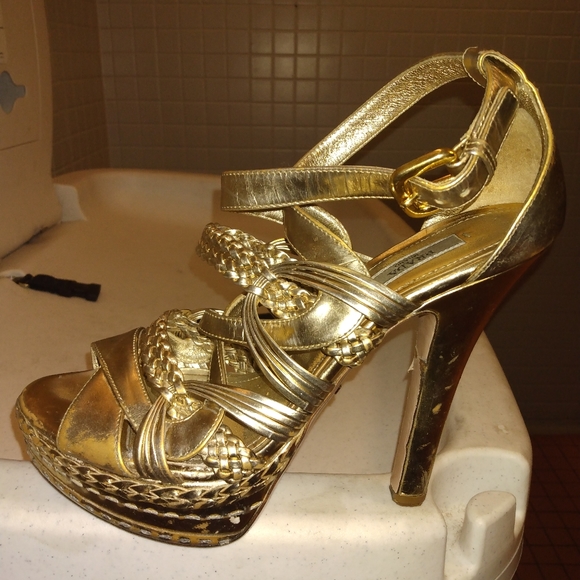 Prada Gold Strappy Platform Heels - Picture 1 of 5